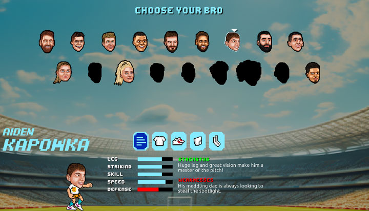 Soccer Bros character selection — pick your bro and stats