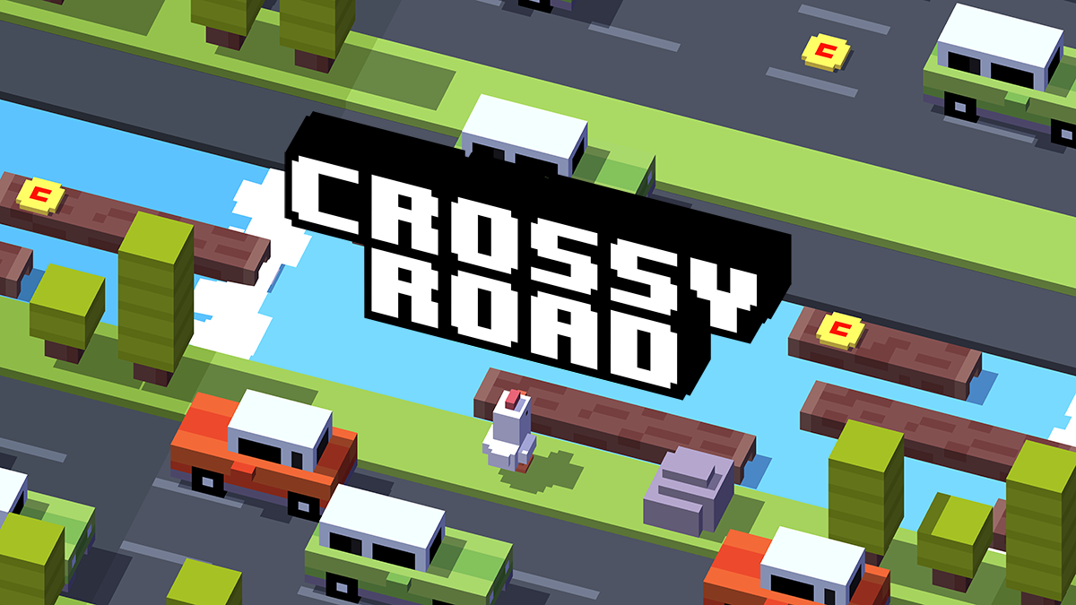 Crossy Road voxel character hopping through traffic