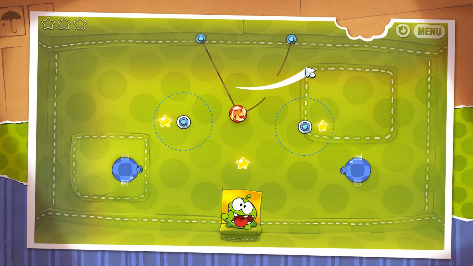 Cut the Rope three-star level completion with candy path