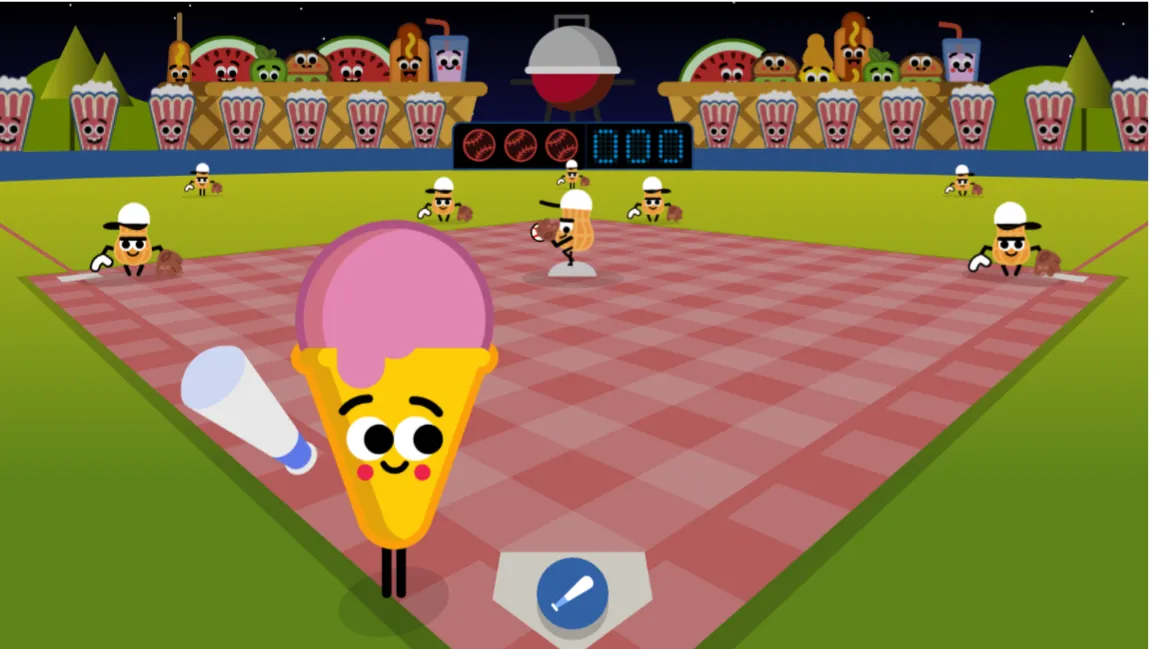 Google Doodle Baseball swing timing and food pitcher
