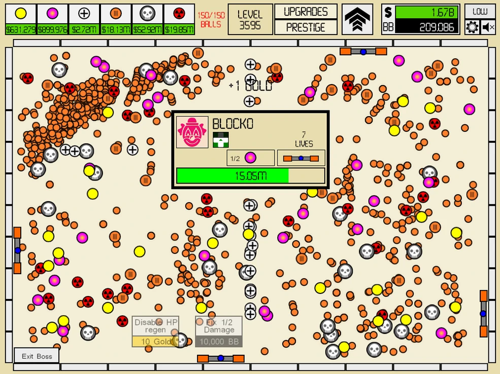 Idle Breakout - various ball types destroying brick grid