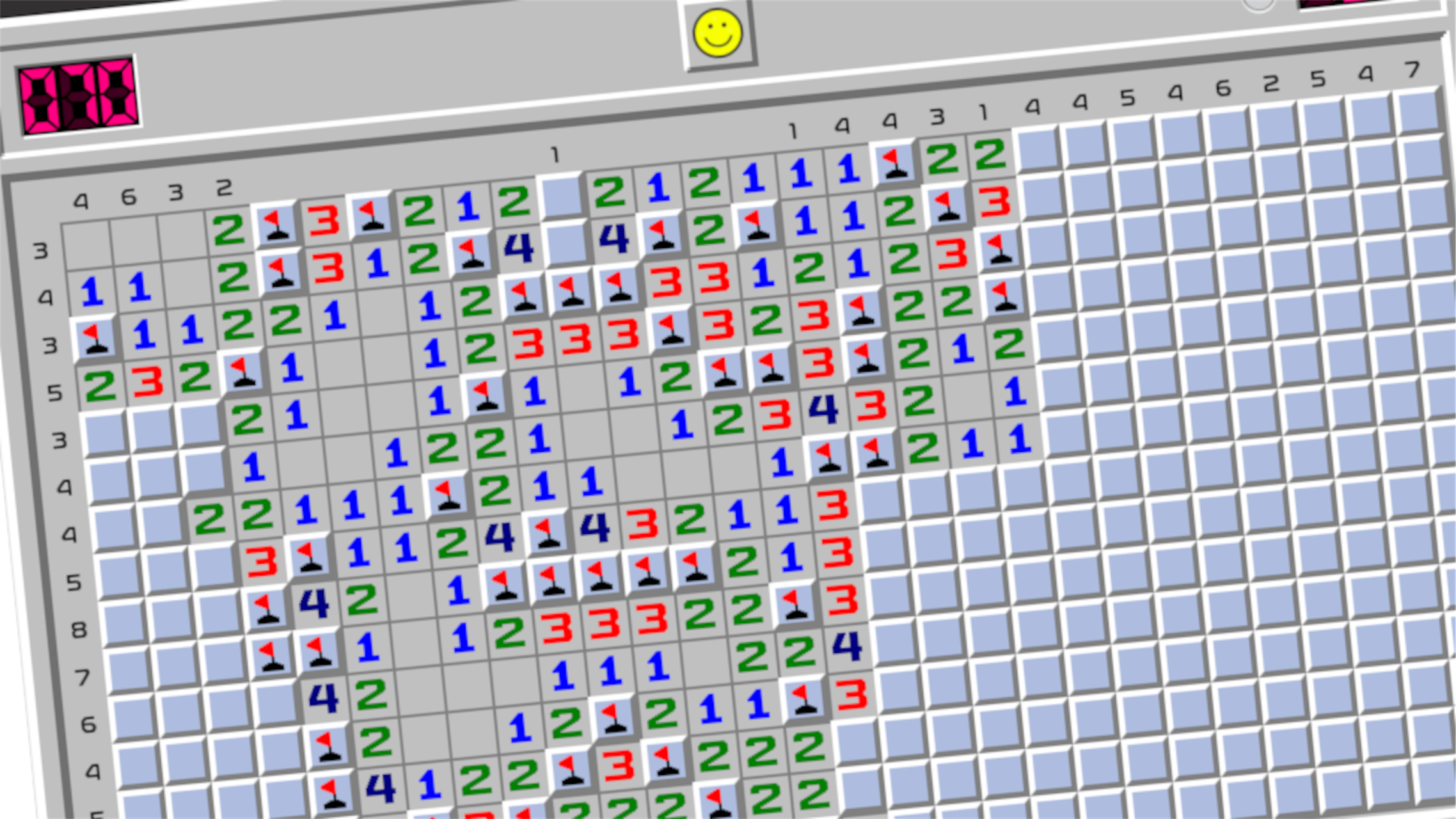 Minesweeper - expert board with flagged mines and deduction chains